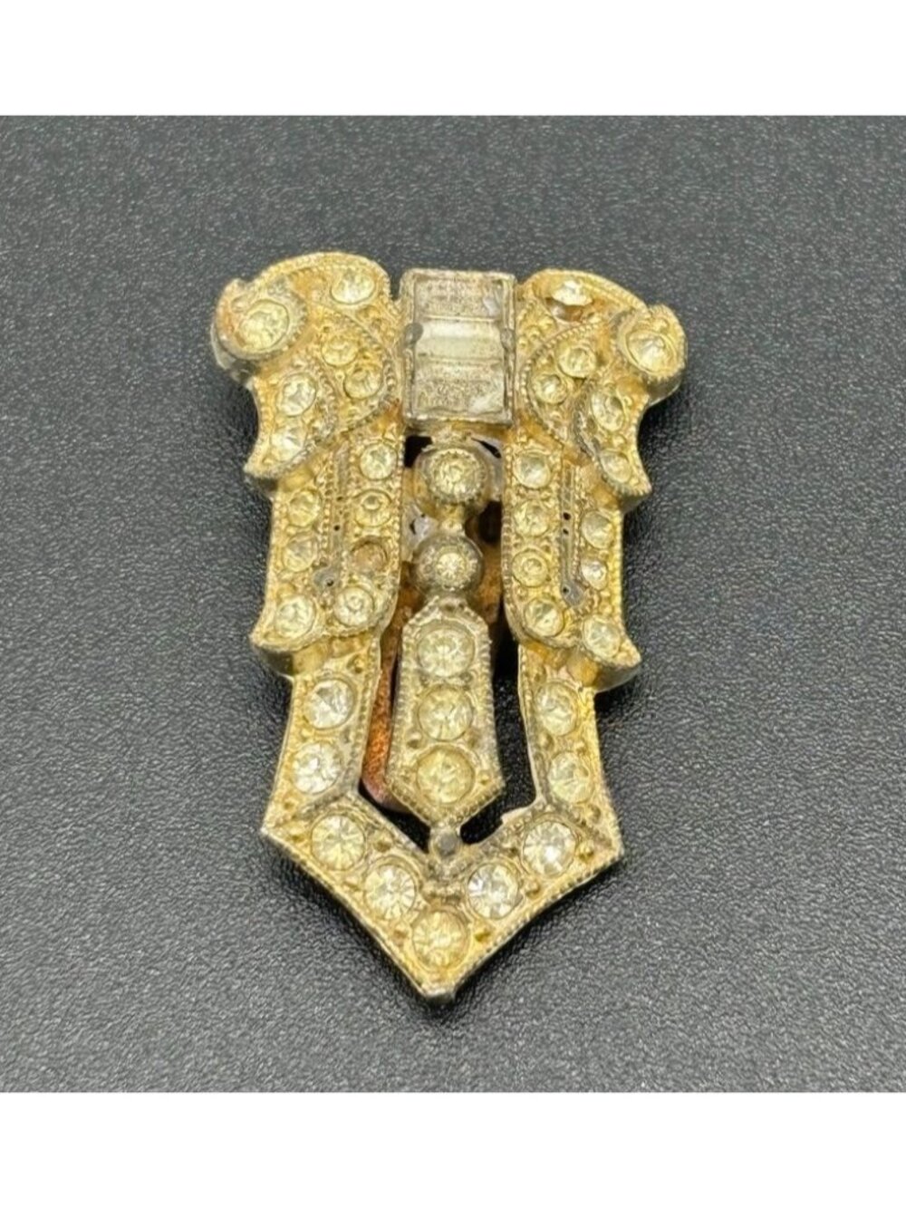 Vintage Pot Metal Dress Clip Gold-Tone Rhinestone Paste Stone Unsigned 1" 1-3/4"